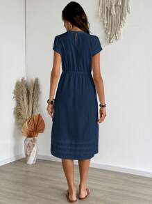 EMERY ROSE 女士纯色圆领短袖抽绳腰休闲连衣裙，夏季，女士衬衫裙，商务休闲女装 - 藍色 - 查看 2