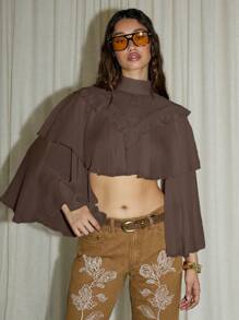 AiiRZ Vintage Victorian Prairie Crop Cape Top High Neck Ruffle Layered Gothic Western Fall Blouse Festival Bohemian