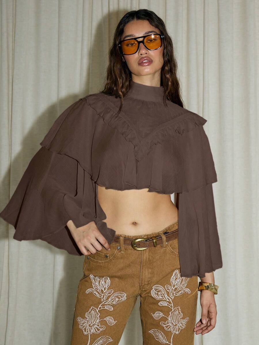 AiiRZ Vintage Victorian Prairie Crop Cape Top High Neck Ruffle Layered Gothic Western Fall Blouse Festival Bohemian