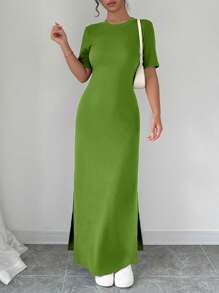 Selianne Vestido largo de mujer con cuello en V, bajo dividido y manga corta en unicolor - Conjunto de mujer