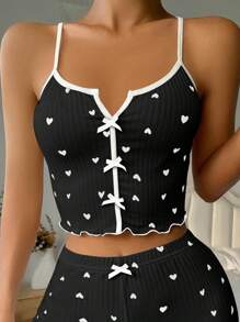 Women's Heart Print Bow Strap Sleepwear Top Holiday Season