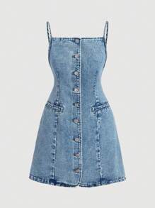 SHEIN MOD MOD 女式牛仔背带裙休闲修身迷你连衣裙 - 淺色水洗藍 - 查看 1