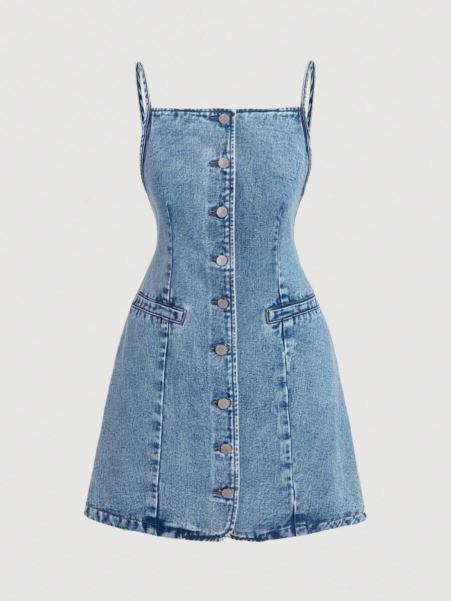 SHEIN MOD MOD 女式牛仔背带裙休闲修身迷你连衣裙 - 淺色水洗藍 - 查看 1