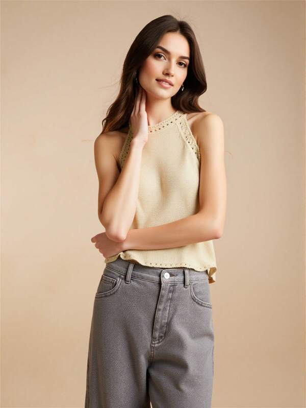 Uhlyne Women's Spring And Autumn Solid Color Hollow Halter Loose Casual Knit Top