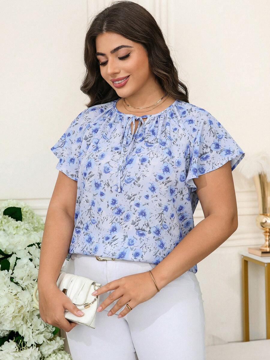 SHEIN Clasi 大码女式花卉印花系带短袖衬衫，优雅夏日 - 藍色 - 查看 1