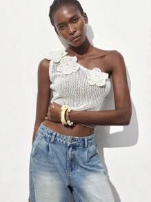 Maija Summer Off-White Elegant Women Handmade Crochet Knitted Tank Top,Handmade Hollow Out Asymmetrical Shoulder Floral Decor Vacation Beach Party Cute Top - White - View 1