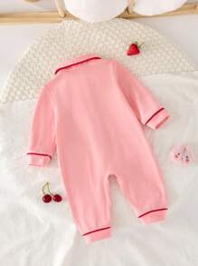SHEIN Newborn Baby Girl Cartoon Cherry Embroidered Lapel Snap Long Pants Knit Soft Skincare Romper Pajama Set - Baby Pink - View 2