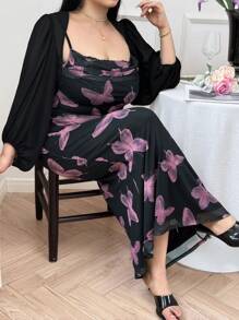 Modelyn 大码优雅灯笼袖衬衫和蝴蝶印花连衣裙两件套，夏季 - 彩色 - 查看 5