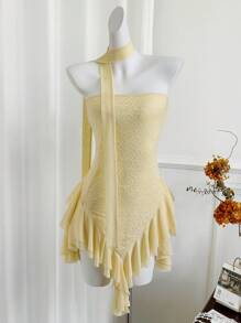 Sweetra Women's Fashion Sexy Lace Patchwork Asymmetric Hem Strapless Mini Dress - Yellow - View 3