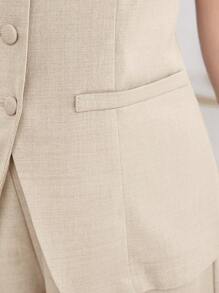 SHEIN 青少年女孩通勤休闲纯色无袖圆领上衣和直筒裤两件套 - 米色 - 查看 7