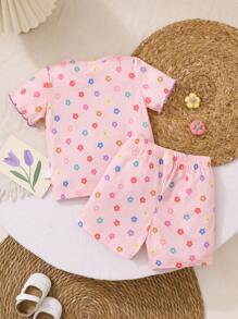 Set da 2 pezzi per bambina neonata o bimba con maglietta a righe in maglia colorata e fantasia floreale e pantaloncini, set casual, adatto per primavera/estate, taglia 0-3 anni