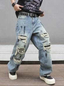 Manfinity EMRG Jeans de mezclilla de estilo callejero para hombres con bolsillo de contraste y efecto desgastado