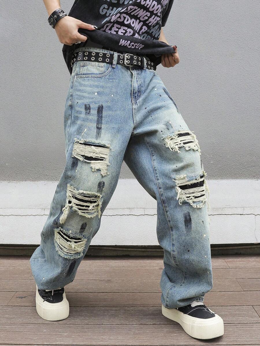 Manfinity EMRG Jeans de mezclilla de estilo callejero para hombres con bolsillo de contraste y efecto desgastado