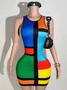 Slaydiva 2025 Summer New Casual Street Style Sexy Chic Colorblock Patchwork Print Sleeveless Crop Top Mini Dress, Suitable For Music Festivals, Sexy Street Style, Graduation, Western Nomadic, Boho, Daily Outing, Motorcycle Sports, Clubs, Baddie Vibe, Birthday Party, Student Uniform, Basic Versatile, Casual, Vacation, Cruise, Beach, Sunbathing, Viral , Party Gathering - A - Multicolor - View 4