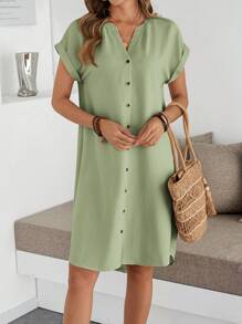 EMERY ROSE 女式纯色 V 领蝙蝠袖短袖单排扣休闲连衣裙，夏季 - 綠色 - 查看 5