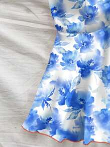 Soleia Blue Flower Print Racerback Tank Top, Fitted For Women Beach Vacation, Suitable For Summer, Boho Chic, Spring Break, Vacay Vibes - Blue and White - View 3