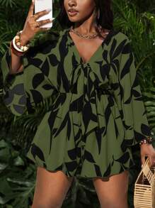 Slaydiva 女士假日休闲V领宽松印花连体裤（配系带腰带） - 綠色 - 查看 3