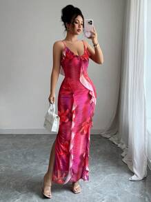 Elenzga Women's Summer Floral Print Bodycon V-Neck Backless Ruffle Hem Slip Dress For Vacation - Multicolor - View 3