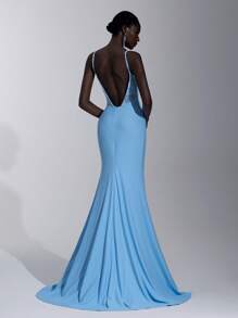 Elitara 优雅、浪漫、性感、蓝色、针织弹力面料、蕾丝拼接、露肩、低胸领口、收腰、褶皱、拖尾、鱼尾下摆、前开衩、派对、生日、约会、节日、婚礼、庆典、正式晚礼服 - 藍色 - 查看 3