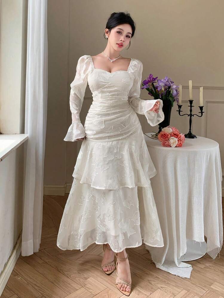Summer Elegant Wedding Party Dress, Full Lace Bow Ruffle Layered Cake Skirt, Design Sense Pleat Midi Dress For Women