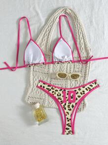 SHEIN 女士豹纹印花彩色边三角比基尼套装