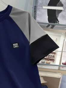 SHEIN 2pcs/Set Teen Boys Casual Splice Contrast Color Raglan Sleeve T-Shirt And Shorts Set, Street Punk Rock Style For Party, Festivals, Everyday Wear, Suitable For Spring/Summer - Navy Blue - View 6