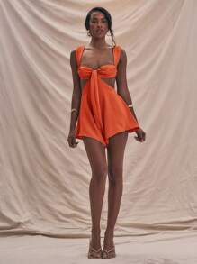 MUSERA 飘逸短款连体裤，垂褶前胸设计，带钢圈细节，侧边镂空，露背，适合度假、波西米亚风、西部风情，春夏度假沙滩装，优雅伊比沙岛假日婚礼宾客约会之夜性感晚宴波西米亚婚礼派对休闲装 - 橘色 - 查看 5