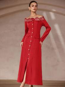 SHEIN Privé Elegant And Intellectual Black Contrast Lace Off Shoulder Single-Breasted Flap Pocket Long Sleeve Dress Fall Cloth For Women - Red - View 3