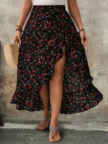 SHEIN Tall 大码女式优雅开衩印花裙