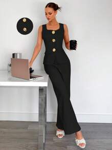 Serisse 2件套女士优雅金属花朵装饰背心和裤子套装 - 黑色 - 查看 8