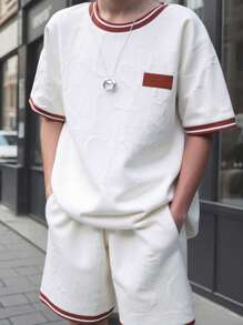 2pcs Casual Outfit For Teenage Boys: Textured Letter Fabric Patchwork Two-Tone Drawstring Suit