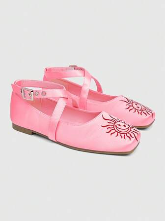 Kawaii Elegante modische Schuhe mit quadratischer Zehenkappe, Schnallen und Sonnenblumen-Stickerei, süßer Punkstil, bequem und vielseitig für Party, Alltag, Abendkleid, Damenschuhe, Rosa