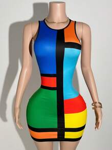 Slaydiva 2025 Summer New Casual Street Style Sexy Chic Colorblock Patchwork Print Sleeveless Crop Top Mini Dress, Suitable For Music Festivals, Sexy Street Style, Graduation, Western Nomadic, Boho, Daily Outing, Motorcycle Sports, Clubs, Baddie Vibe, Birthday Party, Student Uniform, Basic Versatile, Casual, Vacation, Cruise, Beach, Sunbathing, Viral , Party Gathering - A - Multicolor - View 7