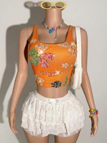 Slaydiva 2025 Neue Sommer Ankunft Sexy Lässig Urlaubsstil orangefarbener figurbetonter floraler Pailletten-Stickerei Muster Damen Chiffon Bademodenstrandkleid, geeignet für Musikfestivals, Ostern, Strandurlaub, Alltagsmode, Abschlussfeier, Sexy Club, Geburtstagsparty, Boho-Stil