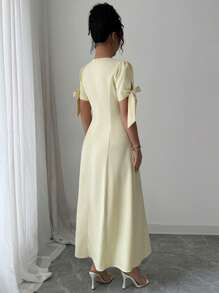 Elenzga 纯色 V 领纽扣袖口蝴蝶结优雅女士长裙