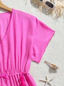 SHEIN 1 pieza Cubre informal transparente blanco para adolescentes, tela suave y ligera, bajo asimétrico con decoración de flecos, diseño de escote en V para resaltar la clavícula, adecuado para vestidos de playa, vestidos de verano para mujeres, ropa de verano para niñas, vestidos de verano para niñas, vestido de verano para niñas - Rosa - Ver 3