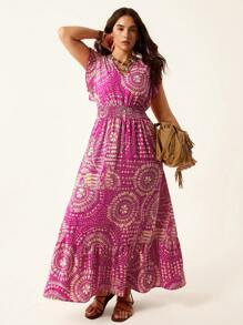 SHEIN LUNE 大码女式夏季宽松休闲风格连衣裙，玫瑰粉色舒适合身几何图案 V 领蕾丝袖腰部松紧带束腰 Chillax 连衣裙女式波西米亚连衣裙女式太阳裙 - 彩色 - 查看 3