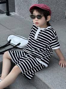 DAZY 2pcs/Set Boy (Small) Stripe Print Crew Neck Knitted T-Shirt And Knitted Stripe Shorts Outfit, Summer - Black and White - View 2