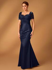 Serin Elegant Luxury Embroidered Lace Panel Stretch Satin Ruched Fishtail Skirt, Suitable For Weddings, Social Events, Singles Parties, Vacations, Balls, Bride Mother Evening Dresses - Navy Blue - View 6