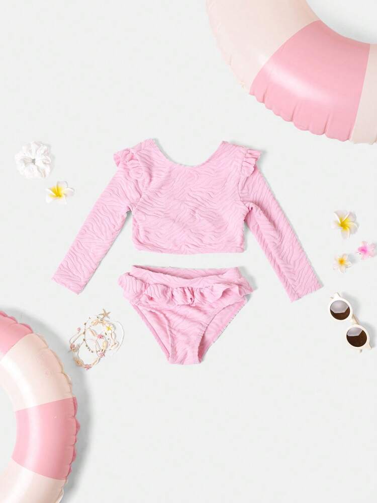 Textured Long Sleeve Ruffle Trim One-Piece