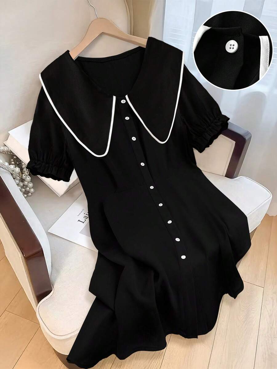 SHEIN Clasi Váy nghỉ dưỡng thường ngày có cổ tay bồng cỡ lớn cho nữ - Đen và trắng - Xem 1