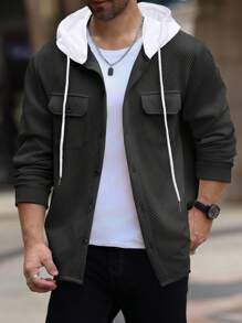 Manfinity Homme Veste à capuche à poches utilitaires à simple boutonnage et manches longues pour hommes - Noir - Voir 8