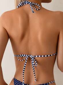 Swim Vcay 新款女式波尔卡圆点印花金属装饰系带条纹时尚性感比基尼两件套泳衣 - 彩色 - 查看 7