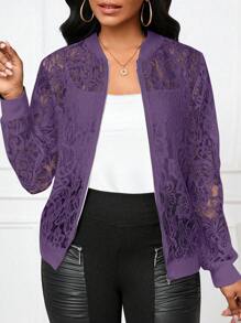 SHEIN Lady Women's Lightweight Black Lace Baseball Jacket Coat