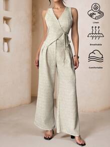 SHEIN Clasi 2 buc/Set Vestă de damă, de in, de culoare solidă, cu talie înaltă, cu pantaloni largi, plisați, ținută de birou, elegantă, minimalistă, vară