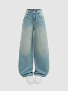 Girlism Bộ áo phông họa tiết bướm denim Y2K cho bé gái tuổi teen và quần jeans ống rộng màu xanh - Rửa nhẹ - Xem 8