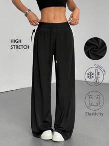 Flirla 1pc Women's Solid Color Loose Drawstring Wide-Leg Pants, Casual Minimalist Design, Suitable For Daily Wear, Spring/Summer, Back-To-School Fall Cloth For Women - Black - View 1