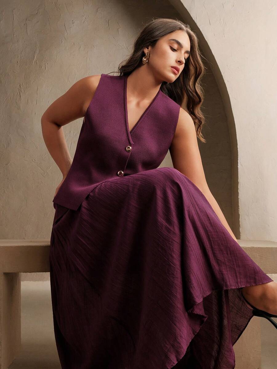 Anewsta مجموعة بقطعتين للنساء تشمل كنزة صوفية قميص بأزرار معدنية وتنورة - عنابي اللون - مشاهدة 1