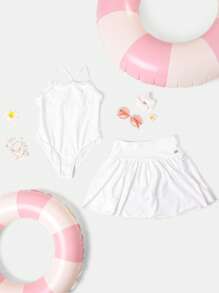 SUMWON Ensemble bikini 2 pièces en broderie anglaise avec bas jupe à volants. Tenue estivale de plage, piscine, protection solaire. Bretelles réglables - Blanc - Voir 1