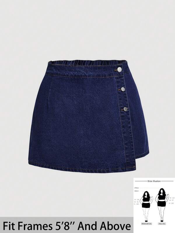 SHEIN Tall CURVE Fustă de damă plus size cu tiv asimetric, albastră, din denim, pantaloni scurți